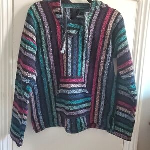 Baja Drug Rug pullover Hoodie in blue green and purple size S Hippie Skater boho